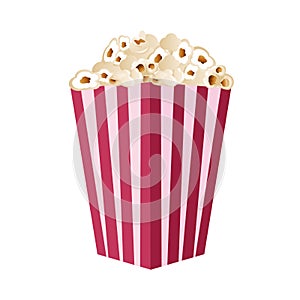 Popcorn isolated on a white background. A flat-style movie theater icon. A light snack. A large red and white striped