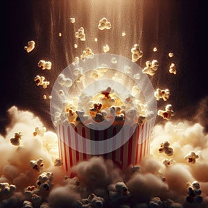 A popcorn kernel popping in mid-air, surrounded by a cloud of fluffy popcorn, showcasing the joy of movie nights.