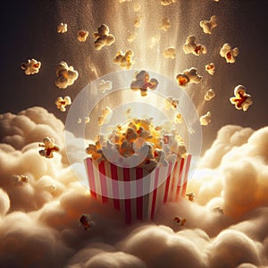 A popcorn kernel popping in mid-air, surrounded by a cloud of fluffy popcorn, showcasing the joy of movie nights.