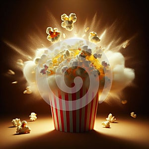 A popcorn kernel popping in mid-air, surrounded by a cloud of fluffy popcorn, showcasing the joy of movie nights.