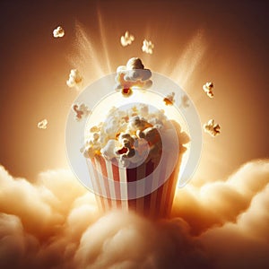 A popcorn kernel popping in mid-air, surrounded by a cloud of fluffy popcorn, showcasing the joy of movie nights.