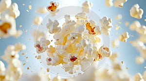 Popcorn kernels exploding on a light blue background