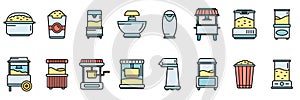 Popcorn maker machine icons set vector color line