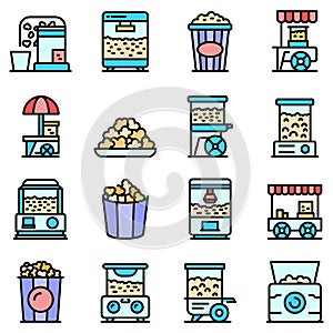 Popcorn maker machine icons set vector flat