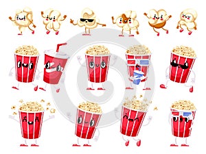Popcorn mascot. Cartoon sweet and salty popping corn movie fun snack character with cute happy face, hands and legs