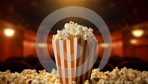 Popcorn for movie, cinema. Popcorn fast food in bucket isolated on cinema background. Banner pop corn salty cheese food snack.