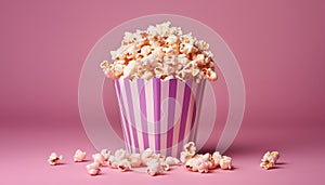 Popcorn for movie, cinema. Popcorn in pink bucket on isolated background. Banner pop corn salty cheese fast food snack mockup.