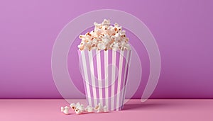 Popcorn for movie, cinema. Popcorn in pink bucket isolated on purple background. Banner pop corn salty cheese fast food snack