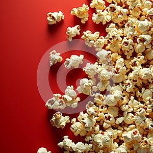 Popcorn on a red background with text space available. Created using ai generative.
