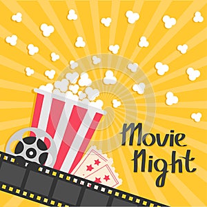 Popcorn popping. Big movie reel. Ticket Admit one. Three star. Cinema movie icon in flat design style. Film strip border. Red yell