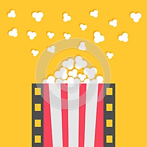 Popcorn popping. Film strip line. Pop corn. Red white box. Cinema movie night icon. Poster template. Flat design style. Yellow
