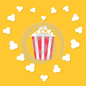 Popcorn popping in heart frame. Red yellow strip box. Cinema movie night icon in flat design style. Yellow background. .