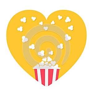 Popcorn popping. Heart shape frame. Red yellow strip box. I love inema movie night icon in flat design style. Yellow background.