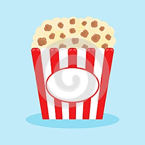 Popcorn popping in a red striped box. Cinema movie night icon in flat design style. Vector