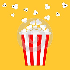 Popcorn popping. Red yellow strip box. Cinema movie night icon in flat design style. Eyes Smiling face. Cute cartoon character. Ye