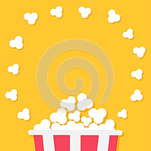 Popcorn popping. Red yellow strip box. Cinema movie night icon in flat design style. Round circle shape frame. Yellow background.