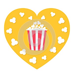 Popcorn popping. Red yellow strip box. Heart shape. I love movie cinema night icon in flat design style. White background.