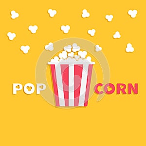 Popcorn popping. Red yellow strip box package. Fast food. Cinema movie night icon in flat design style. Yellow background