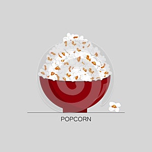 Popcorn and red bowl vector illustration on gray background.