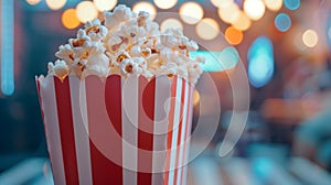 Popcorn in a red and white box with a bokeh background.