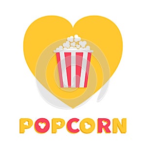 Popcorn. Red yellow strip box package. Heart shape. I love cinema movie night icon Flat design style. Fast food. Yellow background