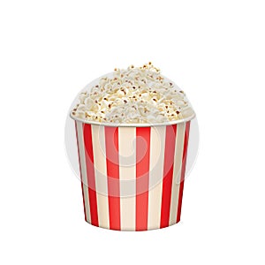 Popcorn round bucket cup. Realistic vector cinema heaped pop corn paper bowl red white box. Movie snack. Isolated illustration