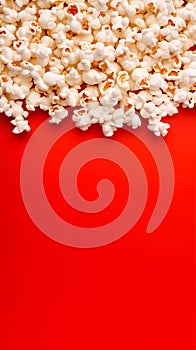 Popcorn scattered on a red background. A classic movie theater snack. View from above