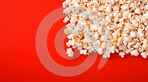 Popcorn scattered on a red background. A classic movie theater snack. View from above