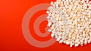 Popcorn scattered on a red background. A classic movie theater snack. View from above