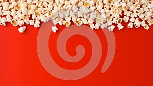 Popcorn scattered on a red background. A classic movie theater snack. View from above