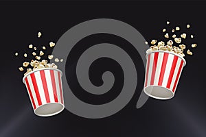 Popcorn splash movie round bucket cup. Realistic vector banner cinema pop corn paper bowl red white box. Blow up flying pop corn.