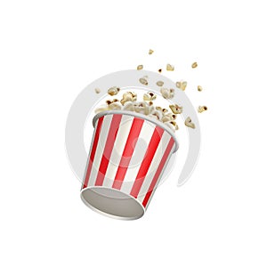 Popcorn splash movie round bucket cup. Realistic vector cinema pop corn paper bowl red white box. Blow up flying pop corn. Oops