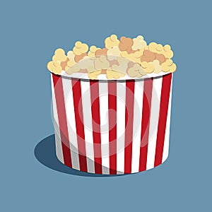 Popcorn striped bucket full of popcorn. Vector Illustration. Cinema food on the blue background