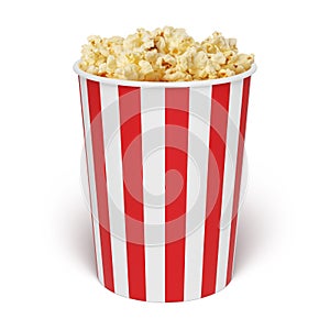 Popcorn in striped bucket isolated on white background