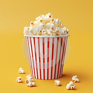 Popcorn in a striped red and white box on a yellow background. AI generative