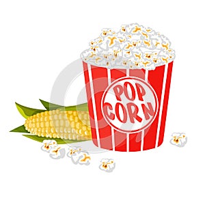 Popcorn in a striped tub on white background