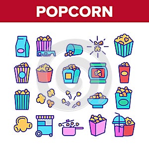Popcorn Tasty Snack Collection Icons Set Vector