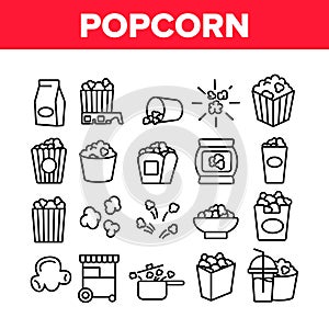 Popcorn Tasty Snack Collection Icons Set Vector