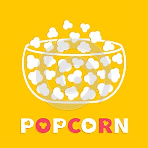 Popcorn text. Big white glass box. Cinema movie night line icon. Pop corn food. Flat design style. Yellow background. Isolated