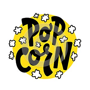 Popcorn text label. Black and white. Vector illustration.