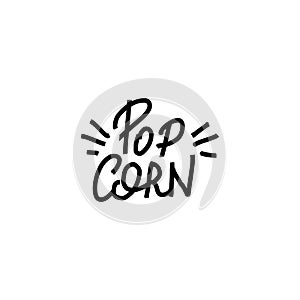 Popcorn text label with popping. Hand drawn typography sign. Black and white logo. Vector illustration. Graphic Design for print photo