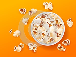 Popcorn top view. Realistic snacks in paper bucket, cup corn souffles on bright color background, salted and caramel