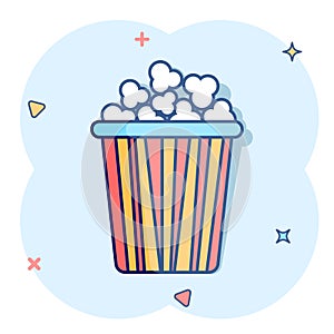 Popcorn vector icon in comic style. Cinema food illustration on white background. Popcorn sign splash effect concept