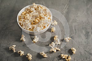 Popcorn in a white plate on a concrete background