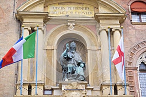 Pope Gregory XIII statue on King Enzo palace at Bologna main square