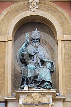 Pope Gregory XIII statue on King Enzo palace at Bologna main square