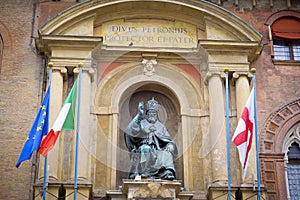 Pope Gregory XIII statue on King Enzo palace at Bologna main square