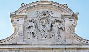 Pope Paulus V Borghese coat of arms over the Acqua Paola Fountain in Rome, Italy.