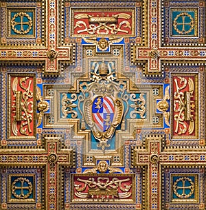 Pope Pius IX coat of arms in the Basilica of Santa Maria in Trastevere in Rome, Italy.