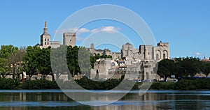 The Popes` Palace, Avignon, Vaucluse department, France. In the foreground is the river Rhone.